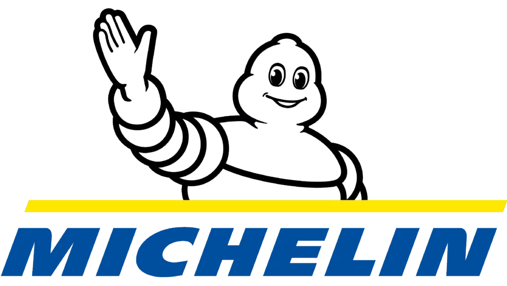 logo michelin bibendum blanc levant la main texte bleu sur f